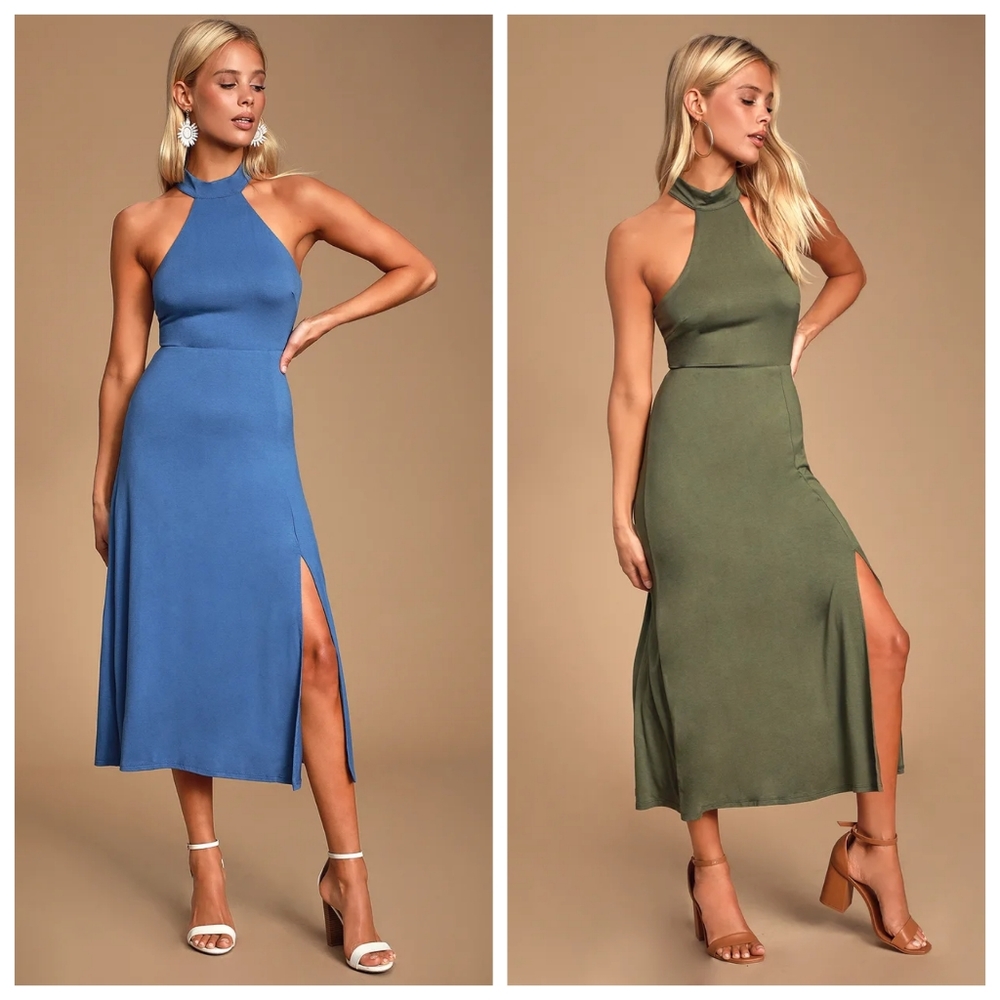NEW Lulu's halter midi dress, olive green/blue